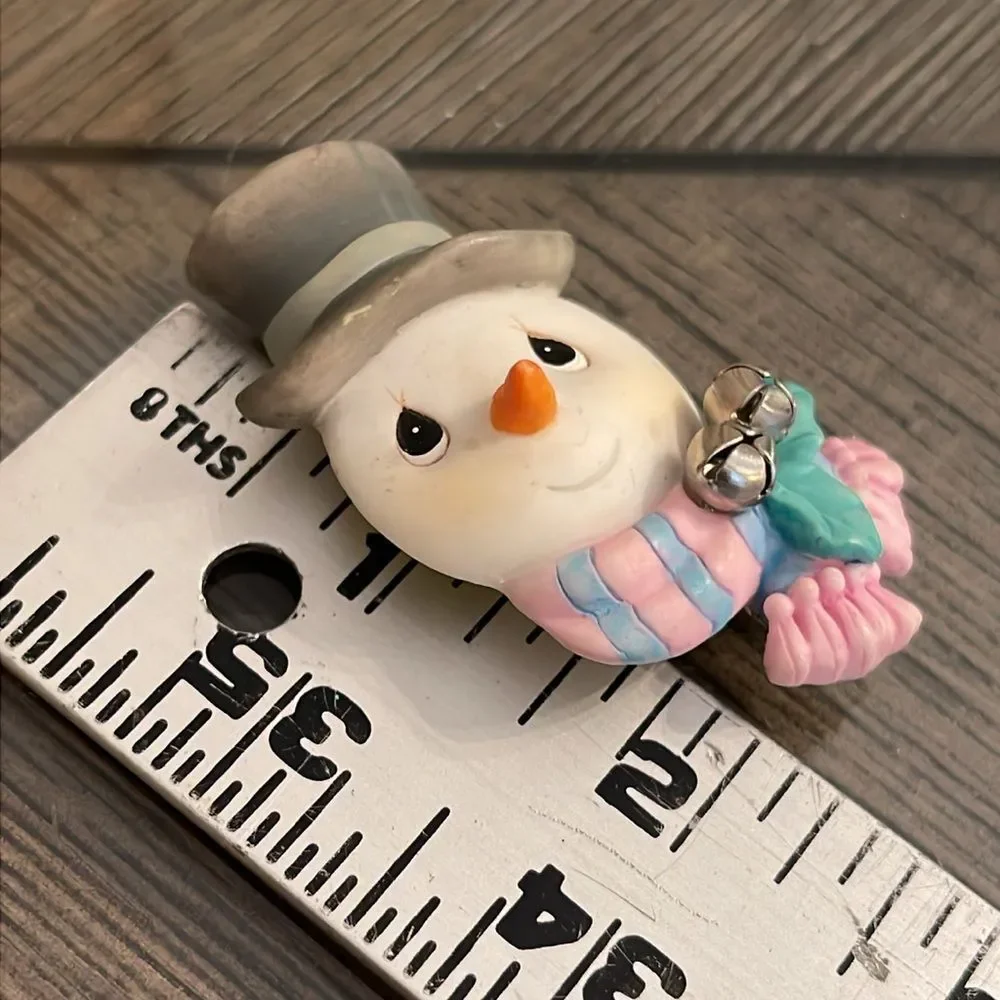 Vintage Precious Moments Snowman Figurine with Pink and Blue Scarf Holiday Pin